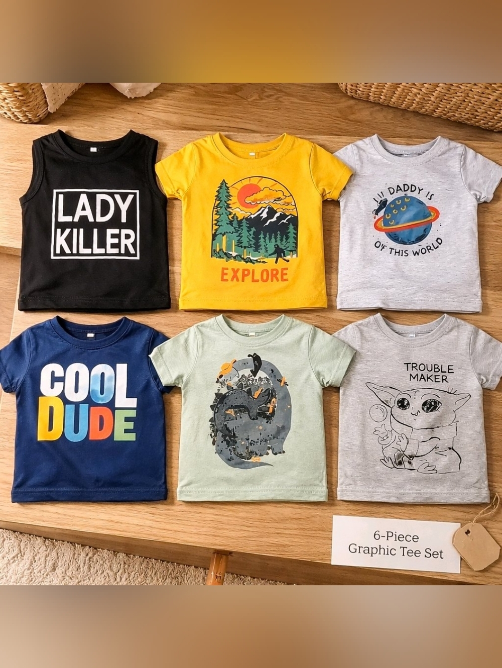 Six 12M Boy Graohic Tees Star Wars Yoda, Dinos, Space, Explore, Cool Dude More